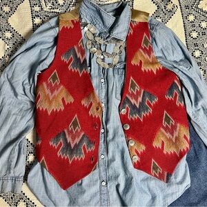 Emblem Coordinates Aztec Southwestern Boho Vest Red, Ochre & Blue Size M